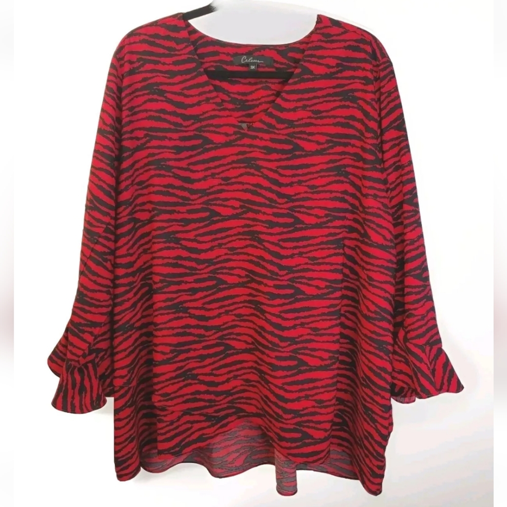 Calessa Ruffle Bell Sleeve Blouse Red Tiger Striped Holiday Office Career 3X